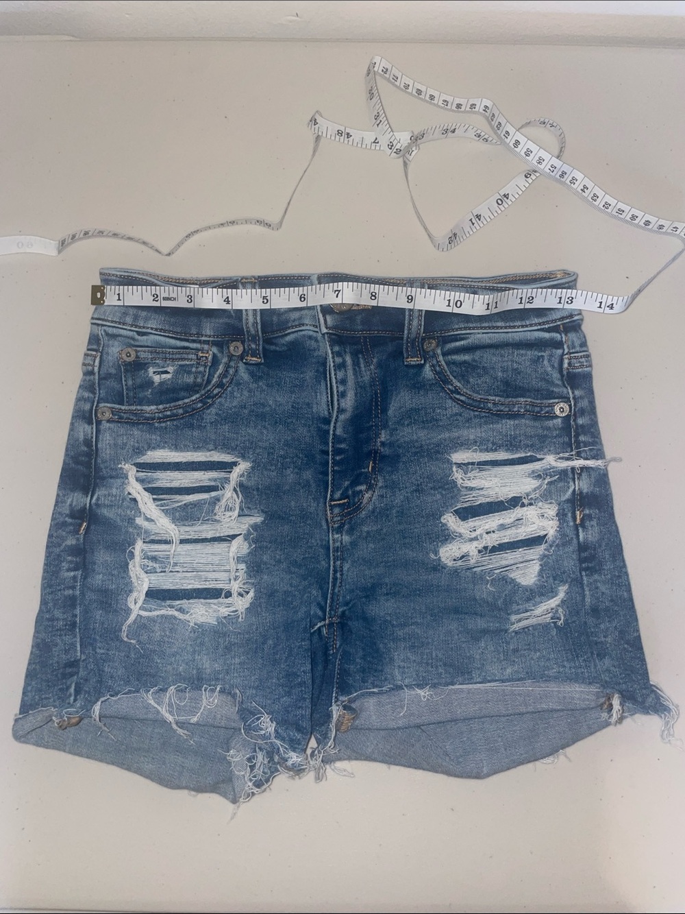 Distressed High-Rise Denim Shorts - Blue